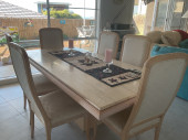 Vintage Travertine Dining Table with 6 wood & fabric chairs